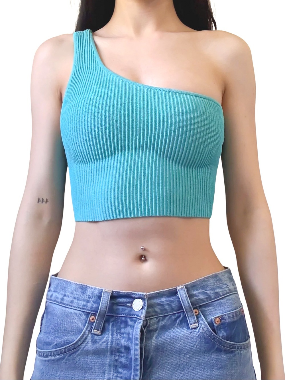 BABATON One-Shoulder Sculpt Knit Ribbed Crop Top Teal Size XXS GUC